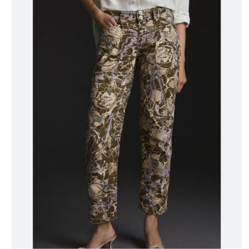 Anthropologie Olive, Tan & Lavender Straight-Leg Printed Pants